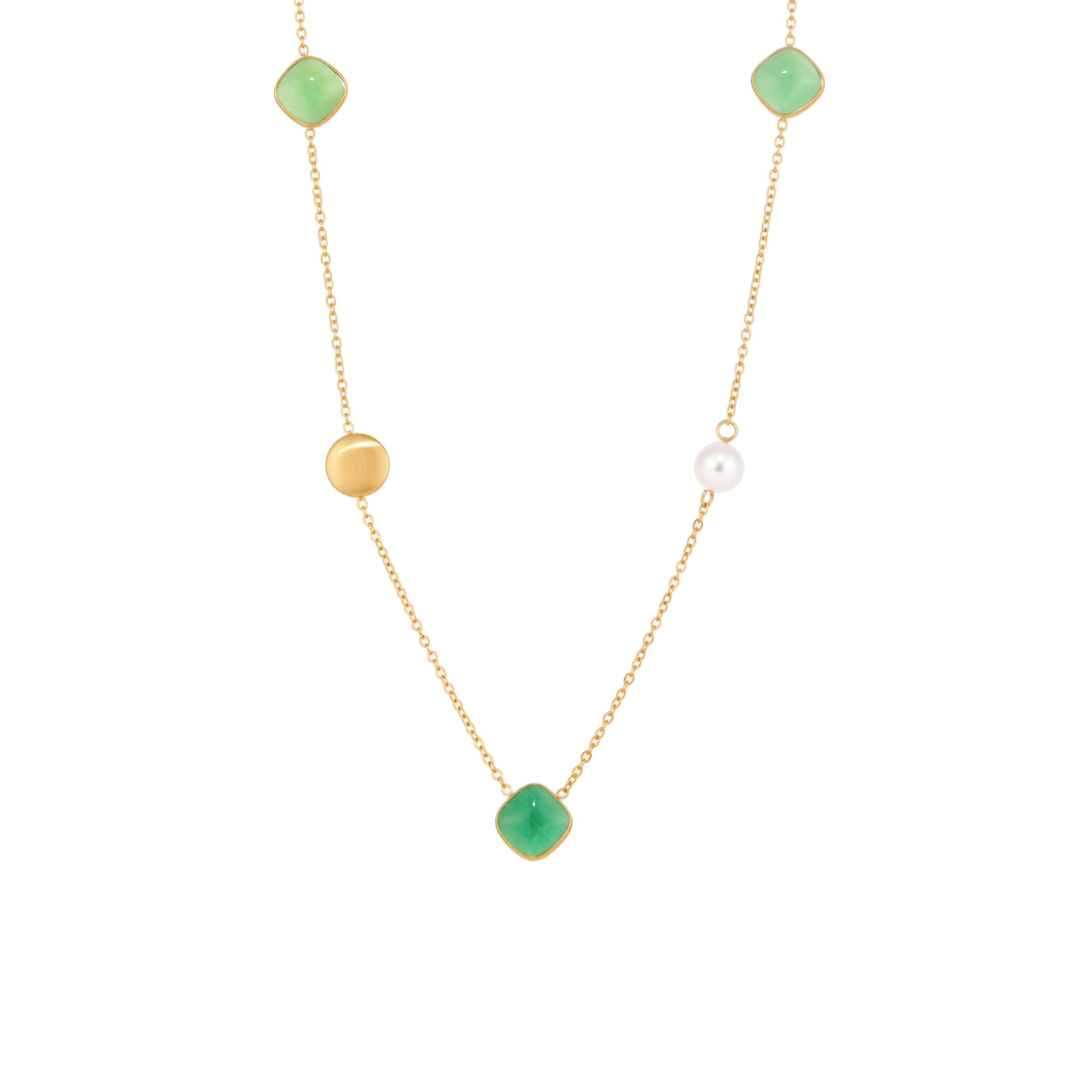 Stainless Steel Candy-Colored Square Cat Eye Stone Long Layering Necklace - Image 4