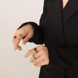 Titanium Steel Vintage Natural Stone Tiger's Eye Inlay Geometric Open Ring