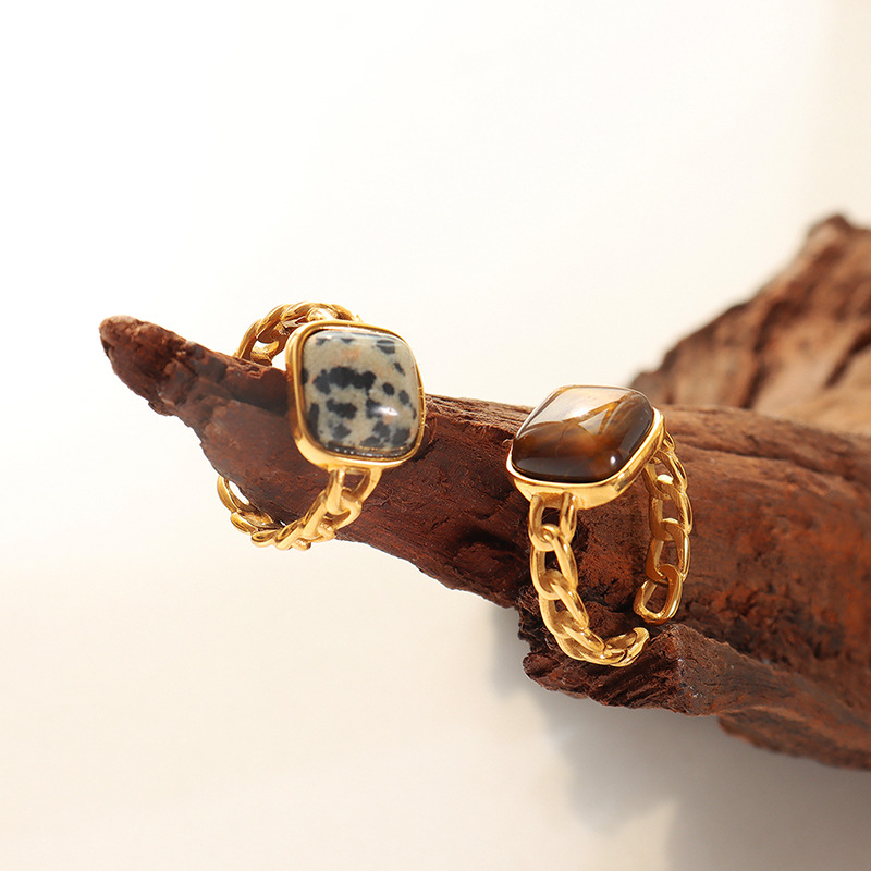 Titanium Steel Vintage Natural Stone Tiger's Eye Inlay Geometric Open Ring - Image 3