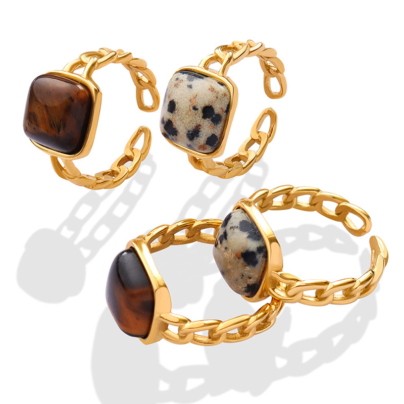 Titanium Steel Vintage Natural Stone Tiger's Eye Inlay Geometric Open Ring - Image 4