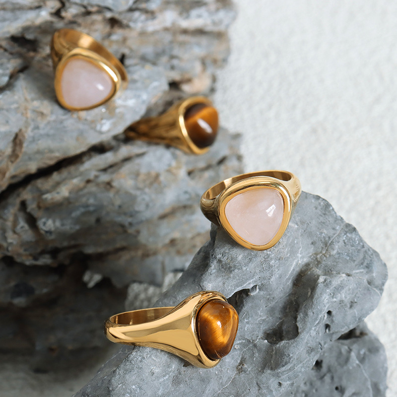 Titanium Steel Natural Rose Quartz and Tiger's Eye Ring - Image 2