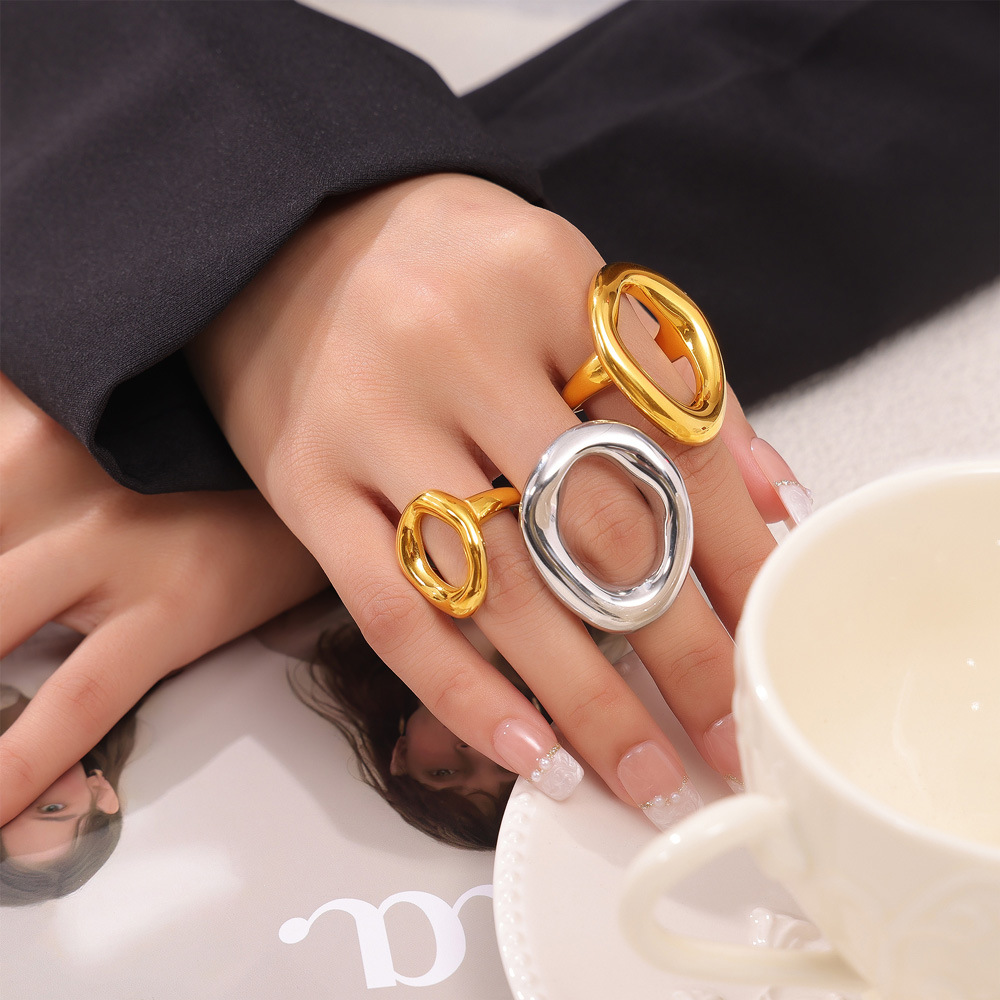Titanium Steel Geometric Cutout Irregular Circle Ring - Image 4