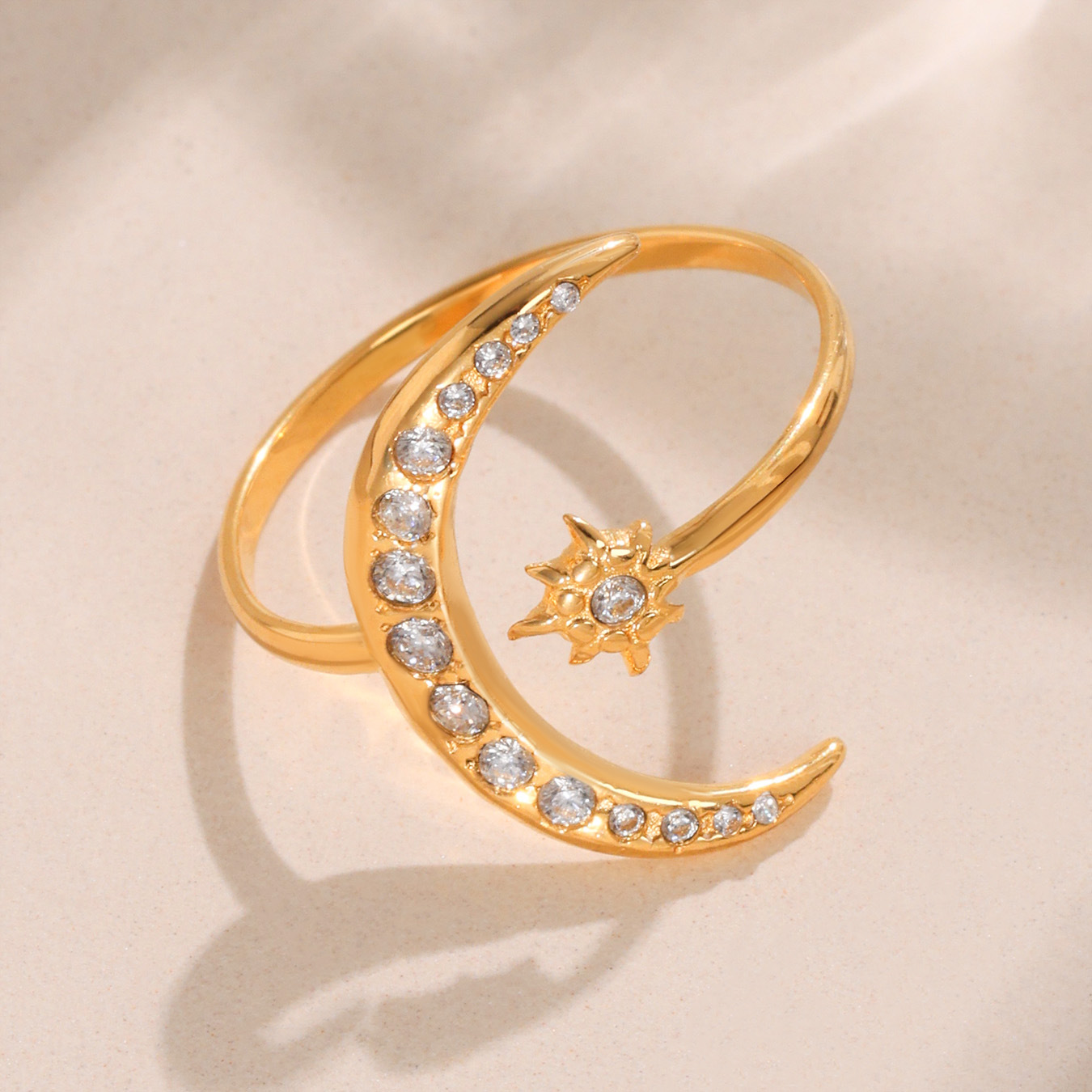 Stainless Steel 5A Zircon Star-Moon Irregular Geometric Ring - Image 2