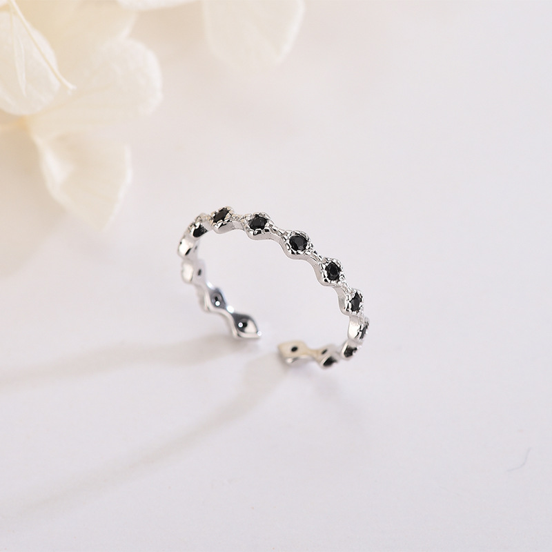 S925 Sterling Silver Black Zircon Open Ring